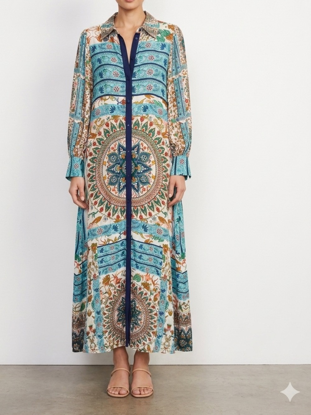 Anthropologie dress Bohemian Turquoise Printed Long Shirt Dress